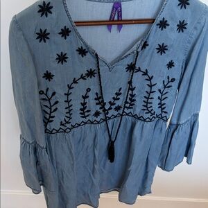 Seraphine Denim Blue Blouse with Black Embroidery